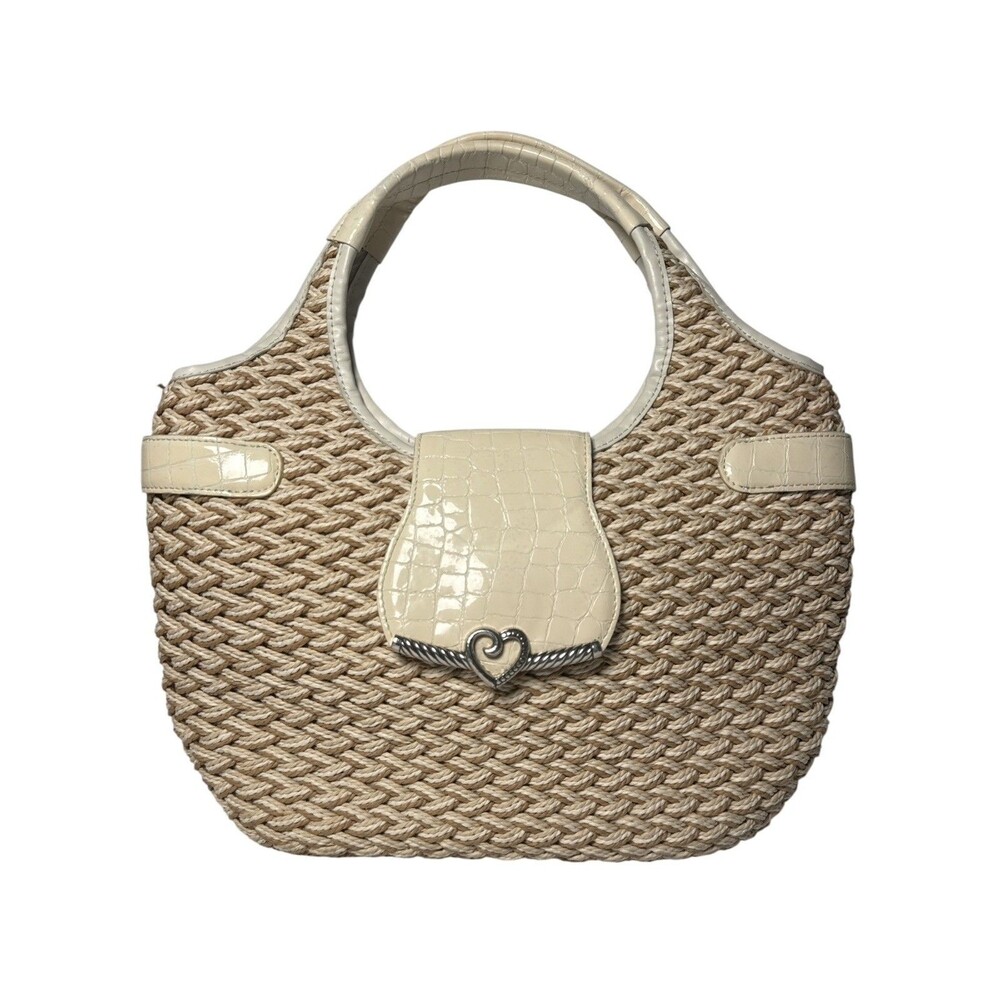 Brighton Straw Woven Satchel Cream Patent Leather Heart Clasp Tote Handbag